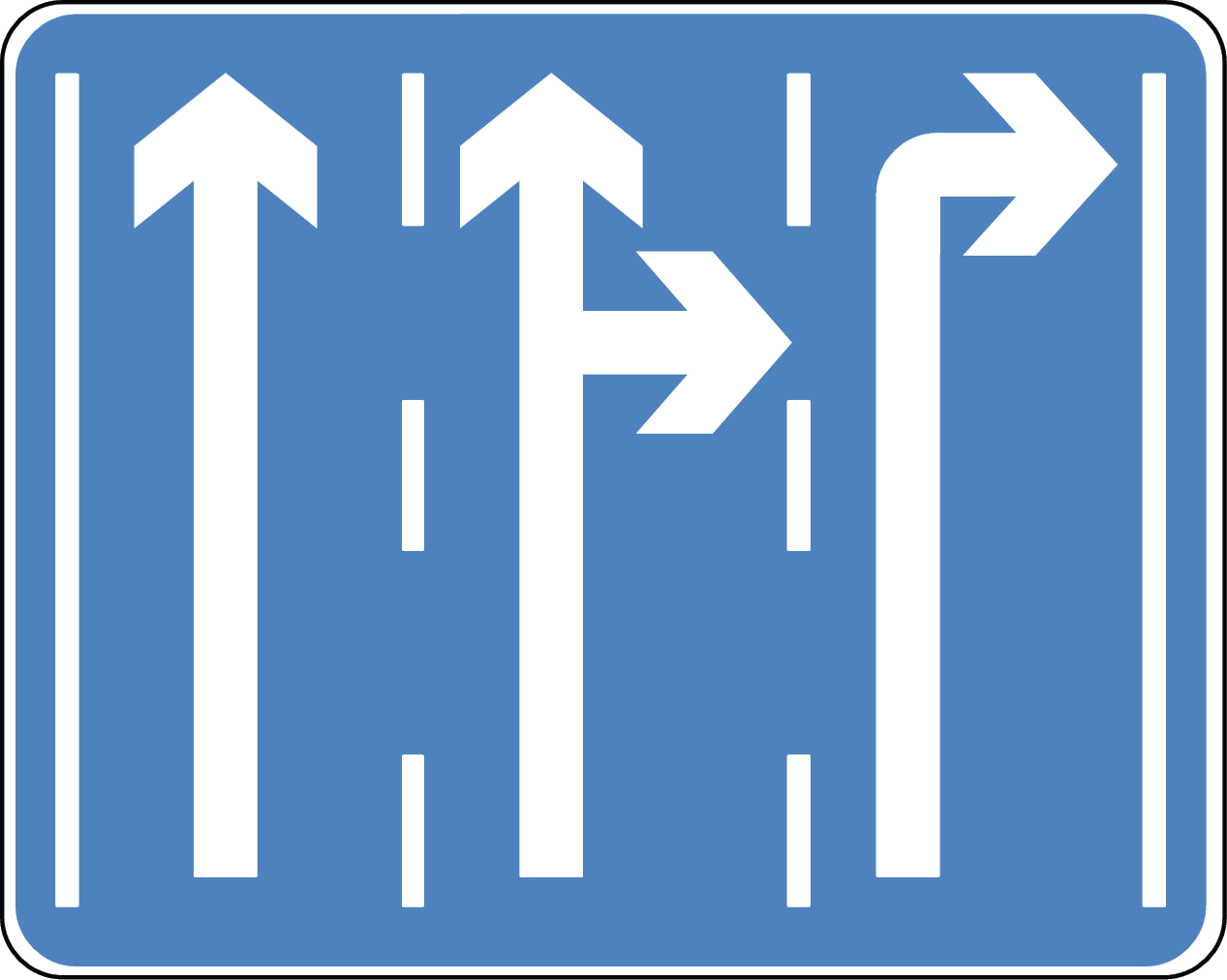 Layout of traffic lanes ahead ("Get in lane")